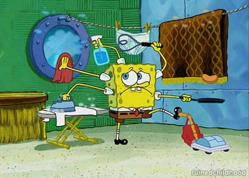 Spongebob trying to do several chores at once