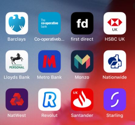 Screenshot of various UK banks and challengers